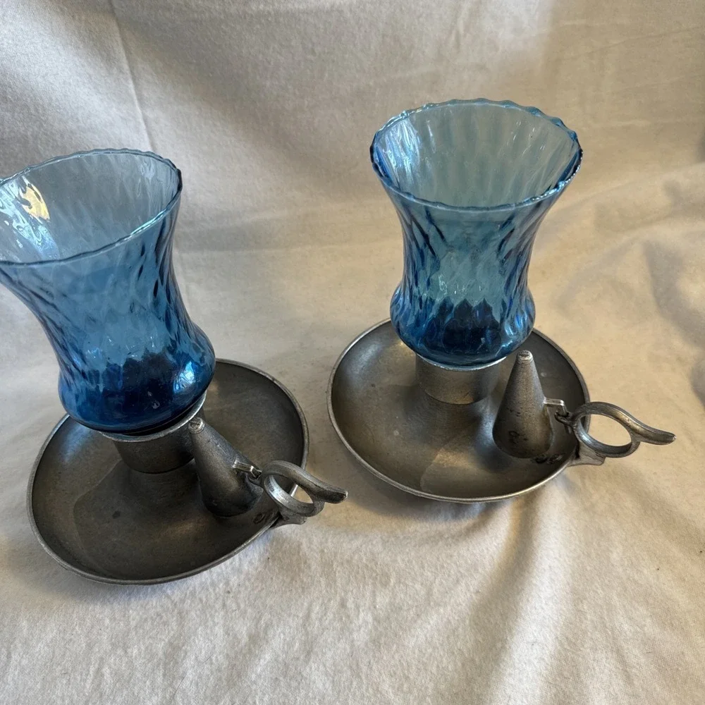 Vintage Pair Pewter Chamberstick Candle Holders Finger Loops Sniffers Blue Glass